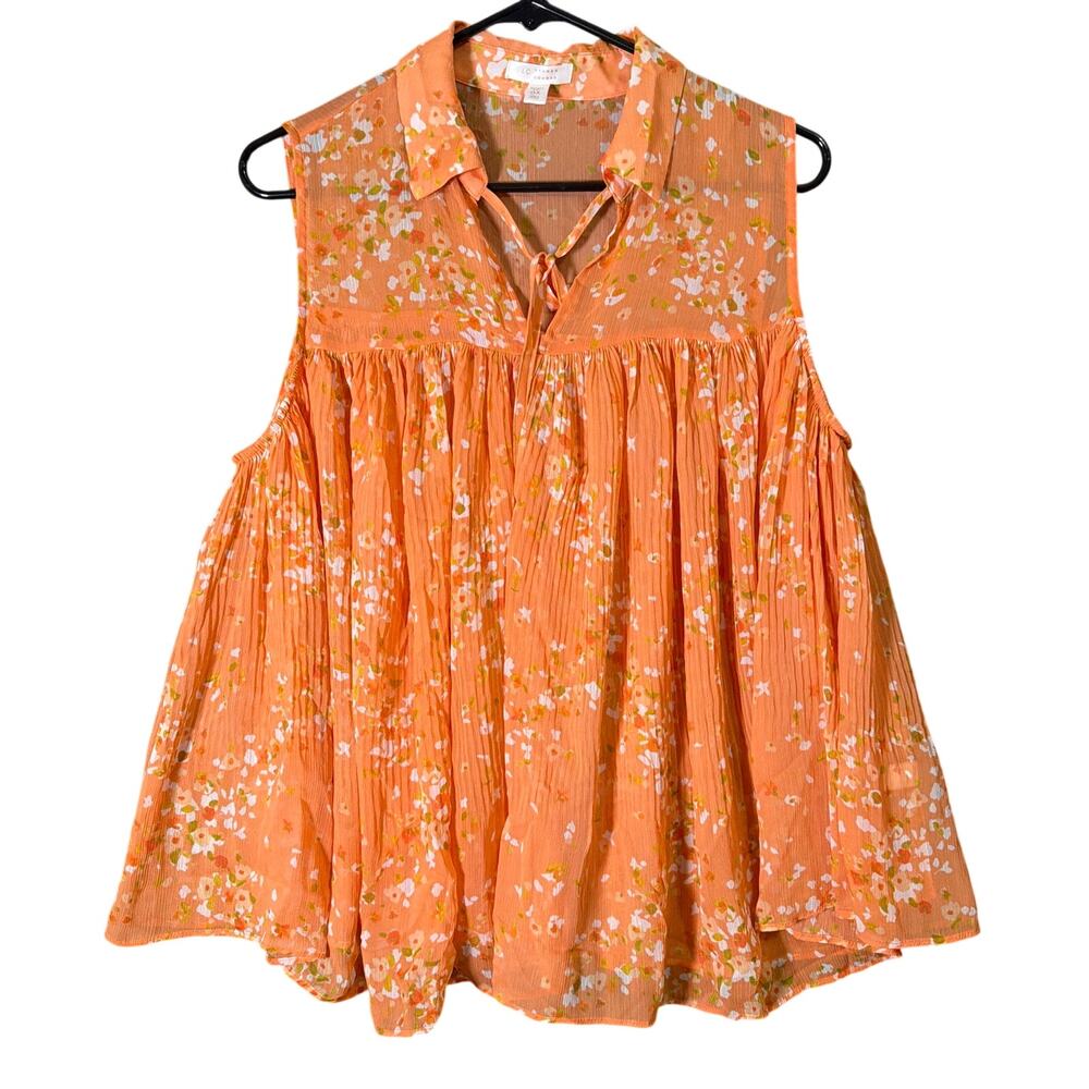 LC Lauren Conrad Womens Blouse Orange White Floral Pleated V Neck Sheer 0X